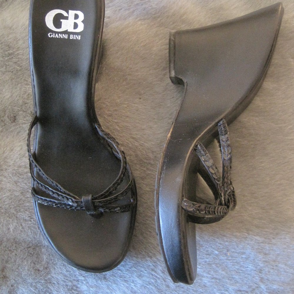GIANNI BINI BLACK SEQUIN STRAPPY WEDGE HEELS 9.5 - Picture 4 of 6